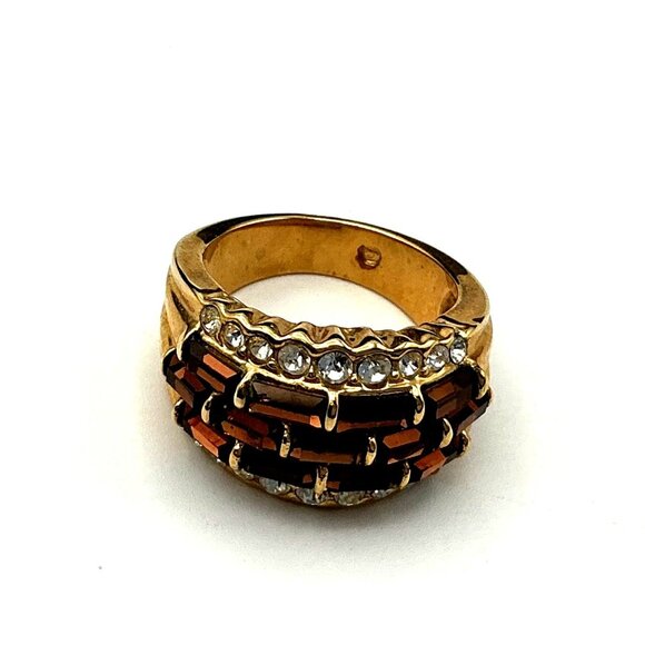 Vintage Style Gold-Tone Band Ring With Brown & Clear Rhinestones - Picture 5 of 8